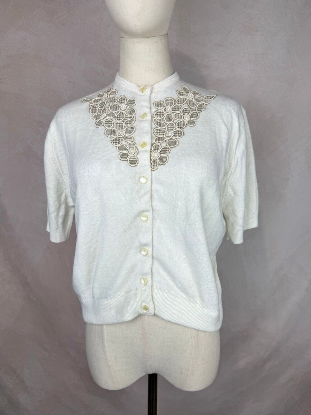 Vintage 1950s 1960s Interlock Hi-Bulk Orlon Acrylic White Knit Cardigan Sz M
